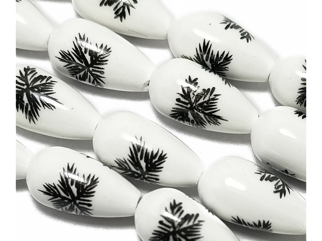 White & Black Printed Oval Ceramic Beads