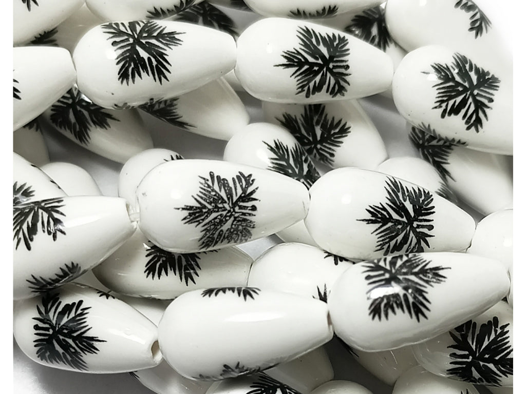 White & Black Printed Oval Ceramic Beads