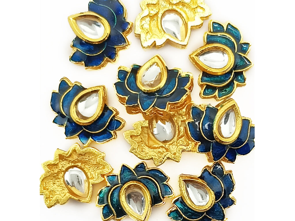 Dark Blue & Golden Lotus Meena Kundan Stones