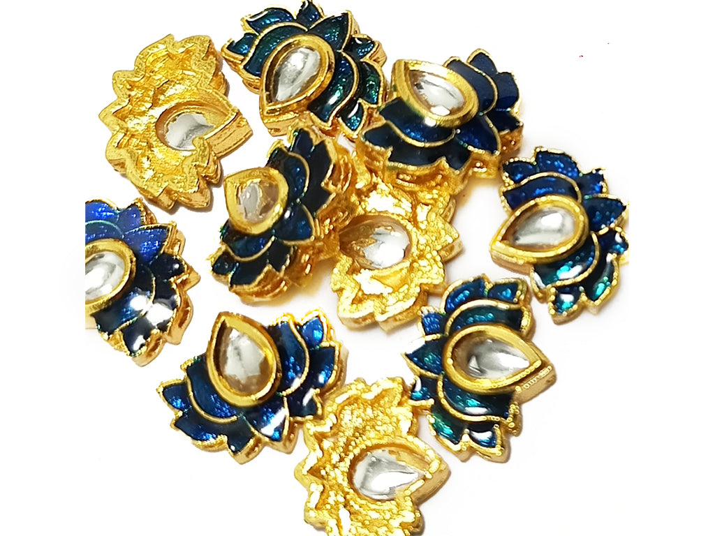 Dark Blue & Golden Lotus Meena Kundan Stones