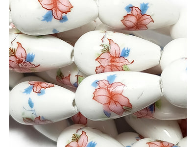 White & Red Printed Oval Ceramic Beads