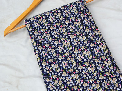 Precut of 2 Meter Dark Blue Multicolor Floral Digital Printed Premium Butter Crepe Fabric