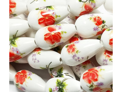 White & Red  Printed Oval Ceramic Beads