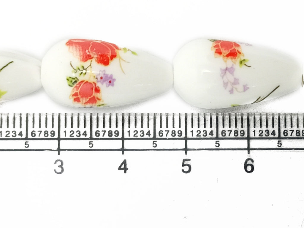 White & Red  Printed Oval Ceramic Beads