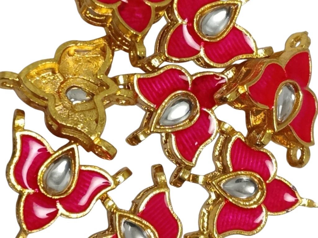 Red  Flower Shaped Meena Kundan Stones