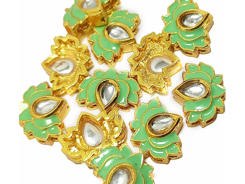 Light Green Lotus Meena Kundan Stones