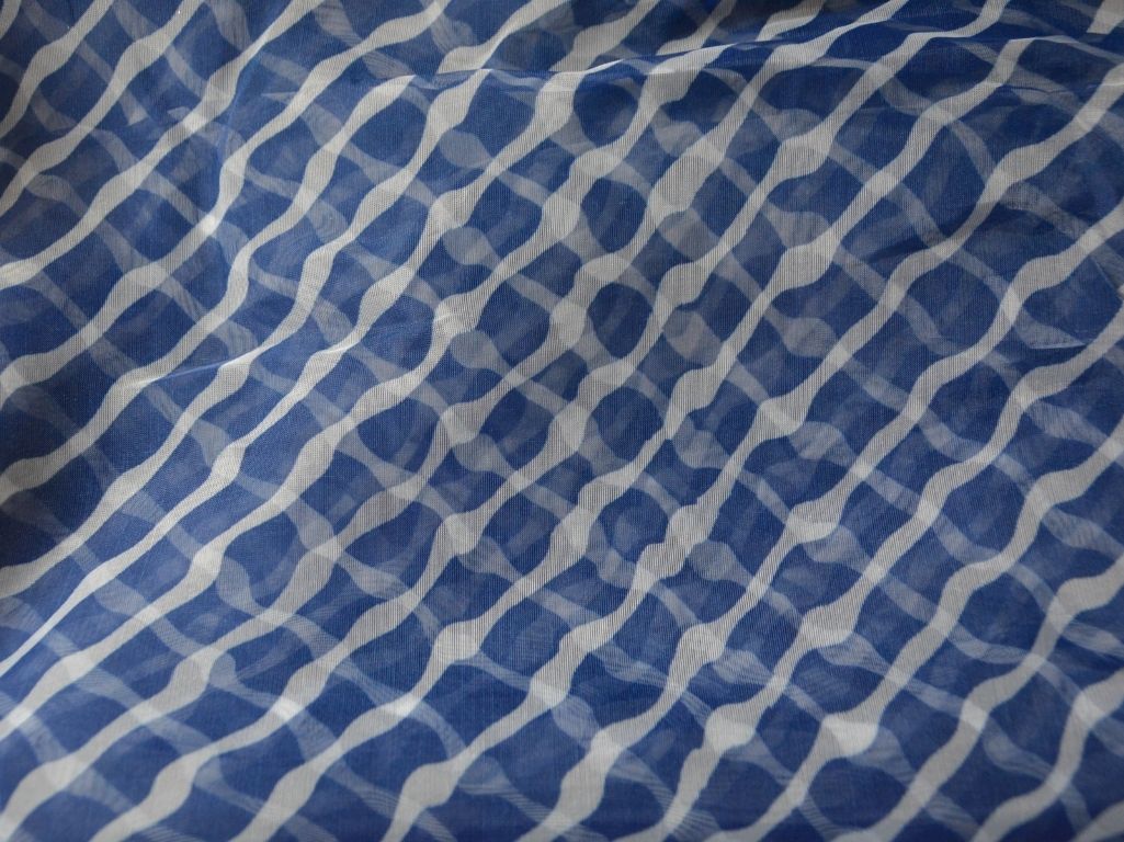 Dark Blue Strips Digital Printed Liquid Organza Fabric