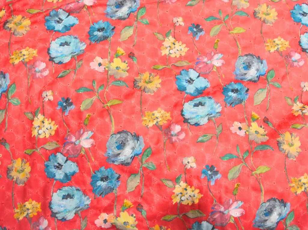 Red 100 % Pure Cotton Chikan Embroidered Fabric