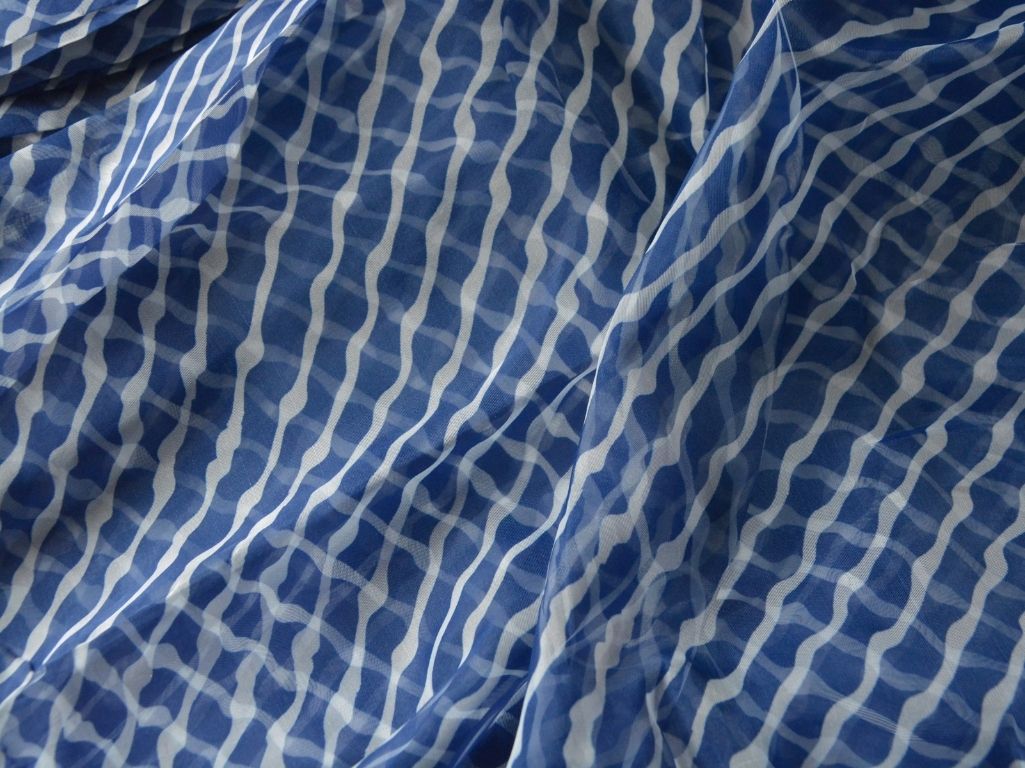 Dark Blue Strips Digital Printed Liquid Organza Fabric