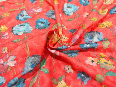 Red 100 % Pure Cotton Chikan Embroidered Fabric