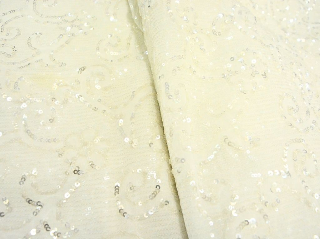 White Viscose Georgette With Sequins Embroidered Fabric