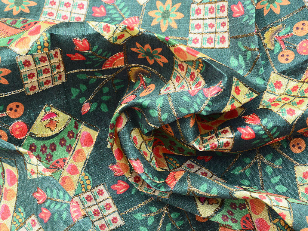 Green Traditional Digital Print Heavy Zari Embroidered Mulberry Silk Fabric