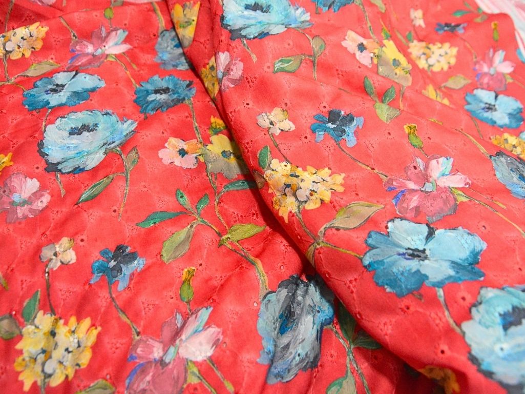 Red 100 % Pure Cotton Chikan Embroidered Fabric