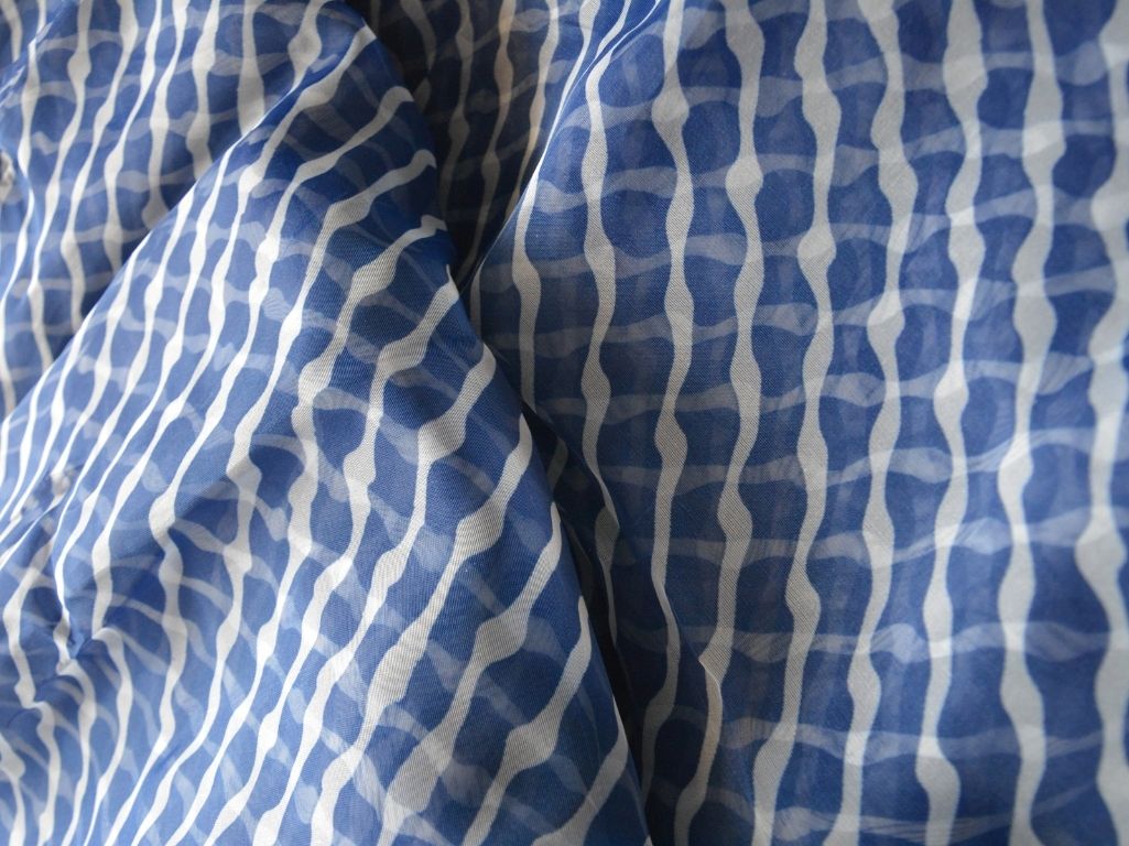 Dark Blue Strips Digital Printed Liquid Organza Fabric