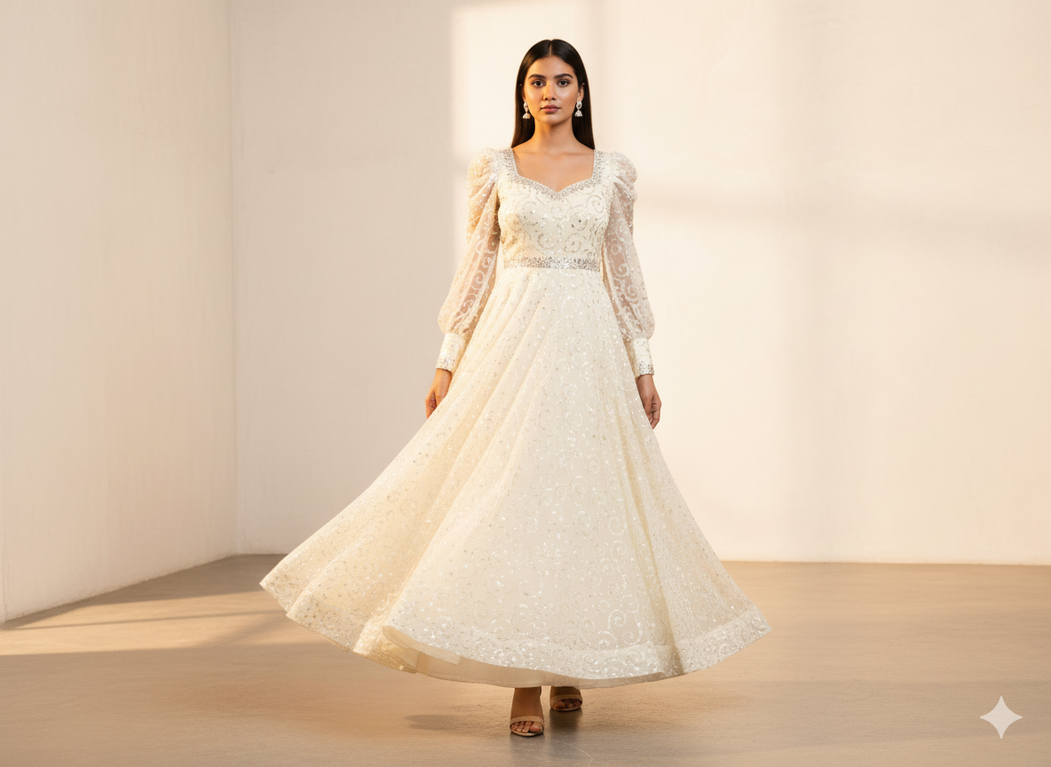 White Viscose Georgette With Sequins Embroidered Fabric