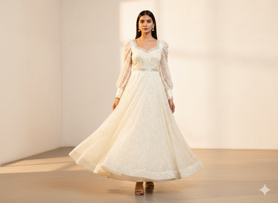 White Viscose Georgette With Sequins Embroidered Fabric