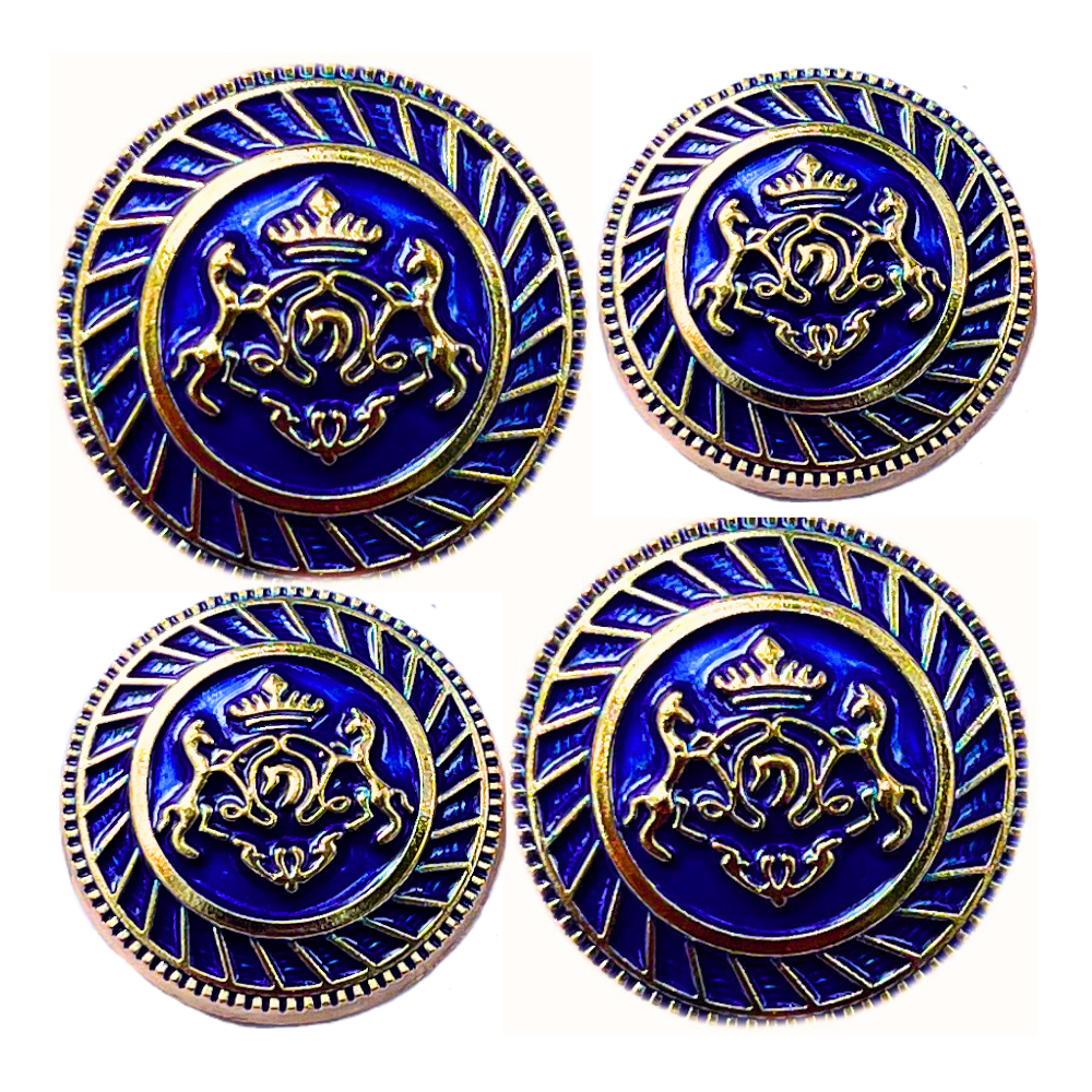 Golden & Blue King’s Choice Twin Horse Shield Crest Eye-Catchy Design Round Shank Metal Button Blue and Golden Colour for Coat, Suit, Blazer, Sherwani, Nehru Jacket and for all Types of Clothes