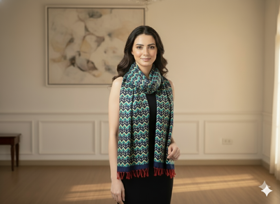 Multicolor Zigzag Printed Semi Pashimna Woolen Fabric