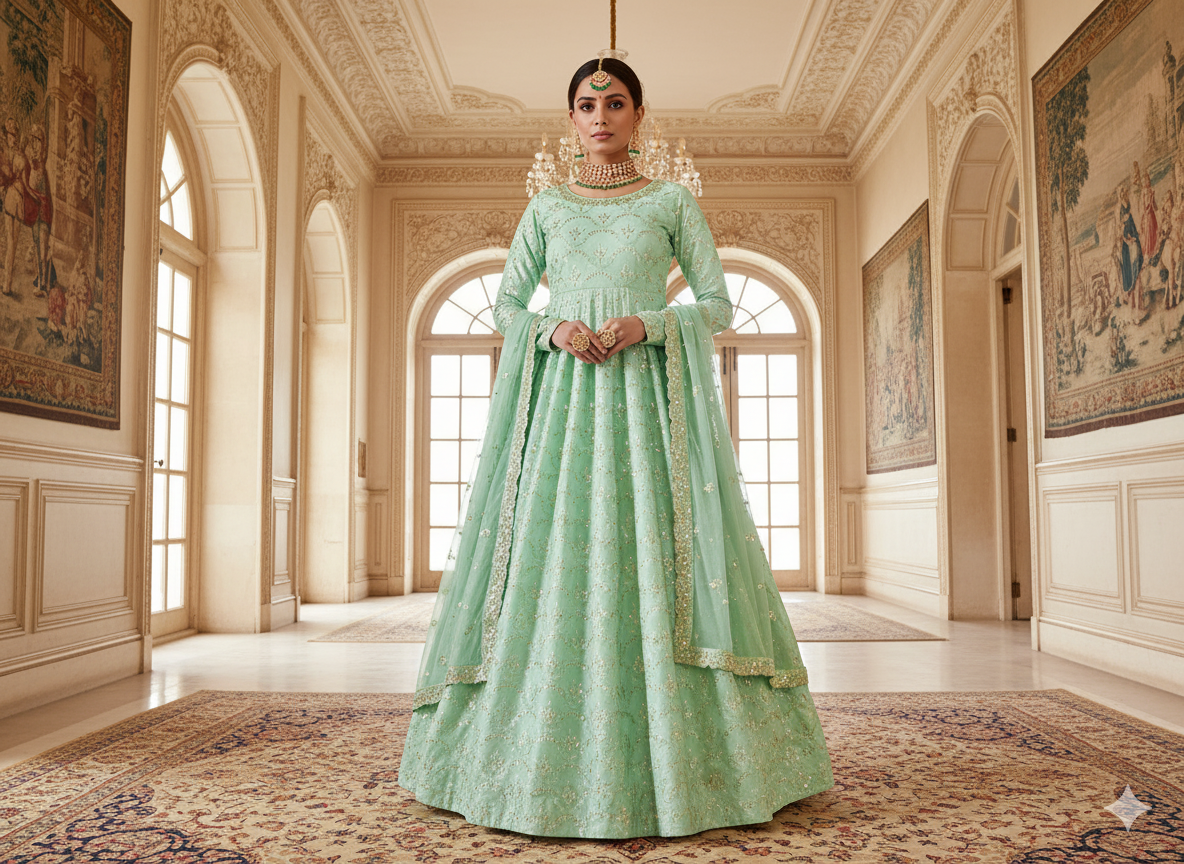 मिंट ग्रीन ब्लू मेटैलिक सेक्विन कढ़ाई मलाई साटन फैब्रिक