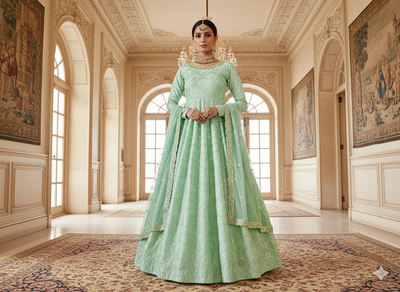 मिंट ग्रीन ब्लू मेटैलिक सेक्विन कढ़ाई मलाई साटन फैब्रिक