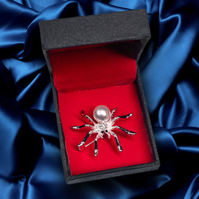 Silver Pearl Studded Spider Shaped Brooch