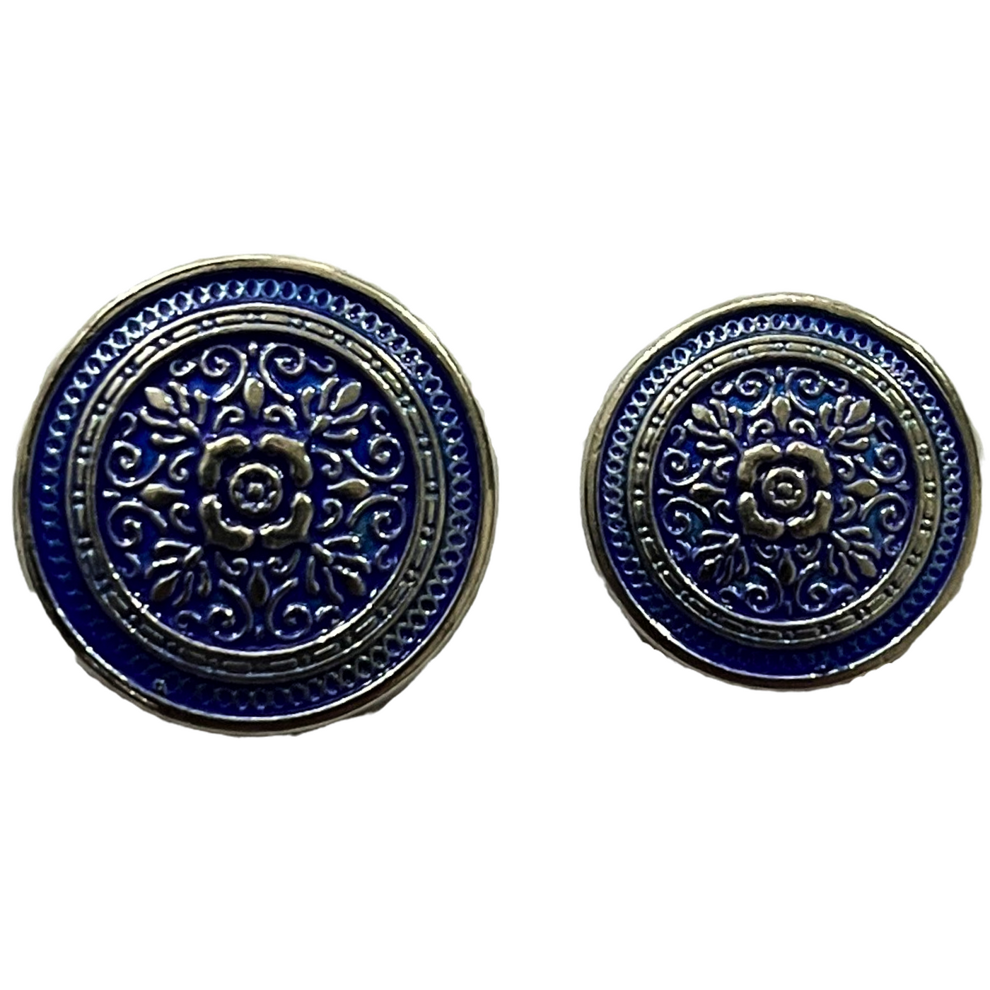 Blue & Silver Eye Catchy Floral 1 Hole Round Metal Buttons