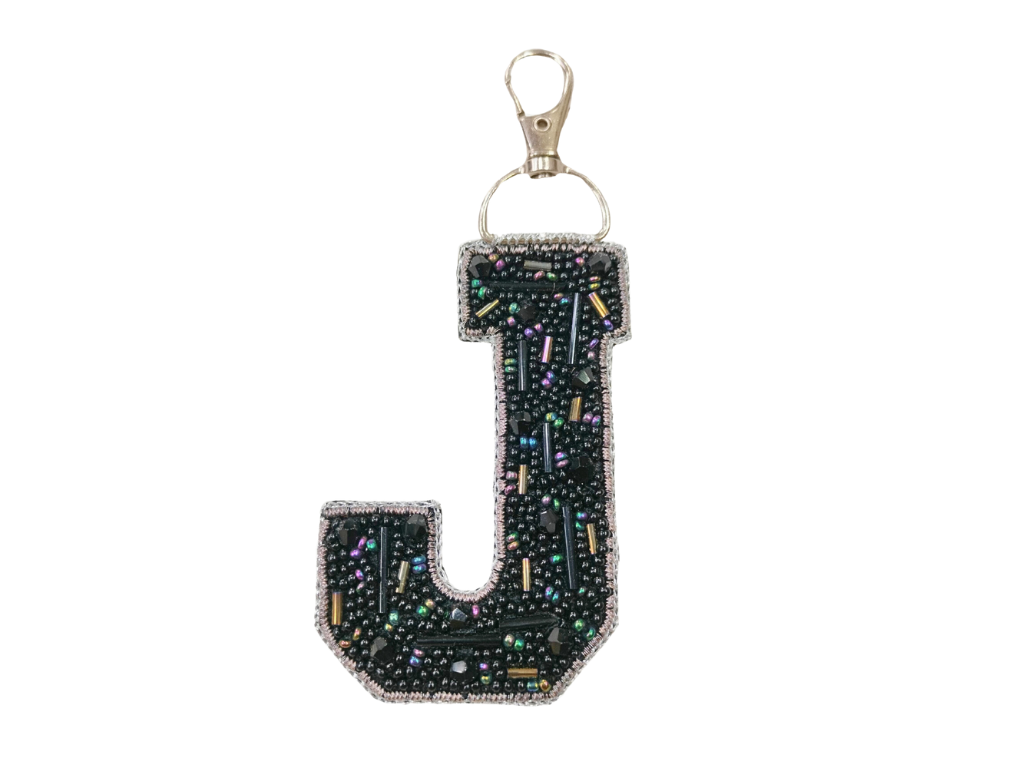 Black Cutdana 'J' Alphabet Bag Charm