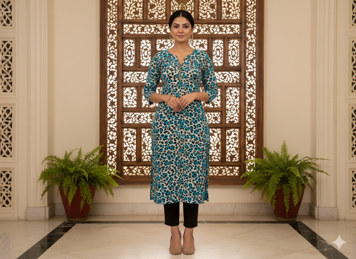 Sea Blue Leopard Digitally Printed Butter Crepe Fabric