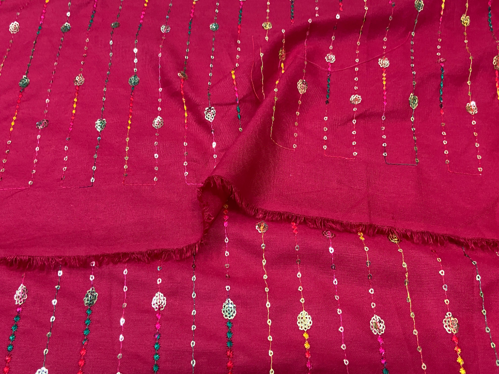 Raspberry Pink Luxuries Embroidery Work Cotton Rayon Fabric