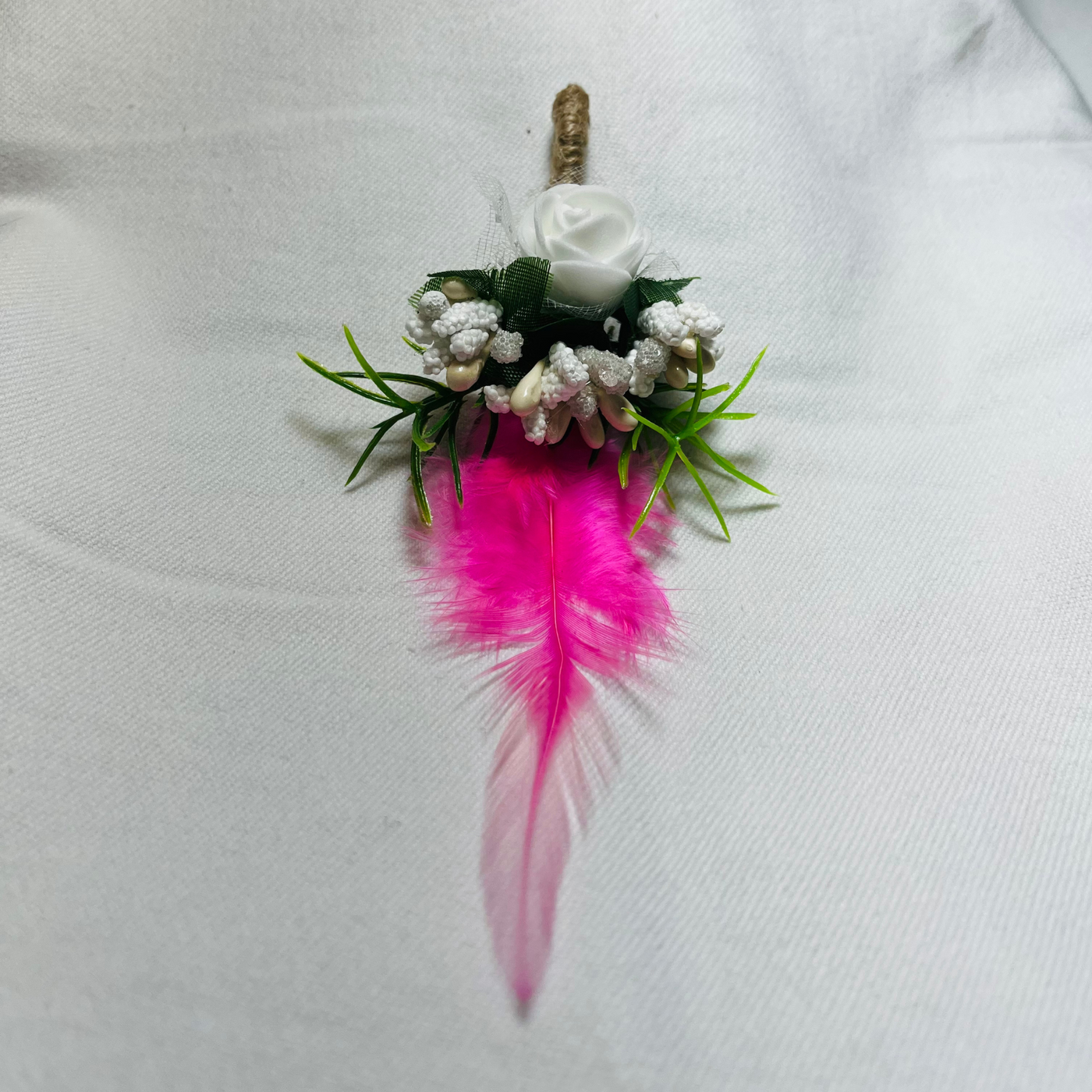 White And Pink Faux Feather Flower Brooch