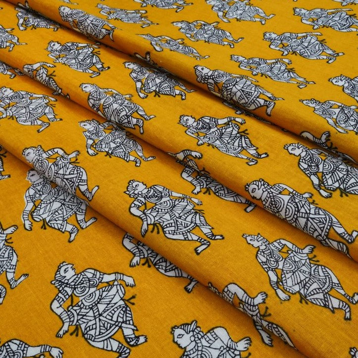 Mustard & White Traditional Printed Pure Cotton Fabric