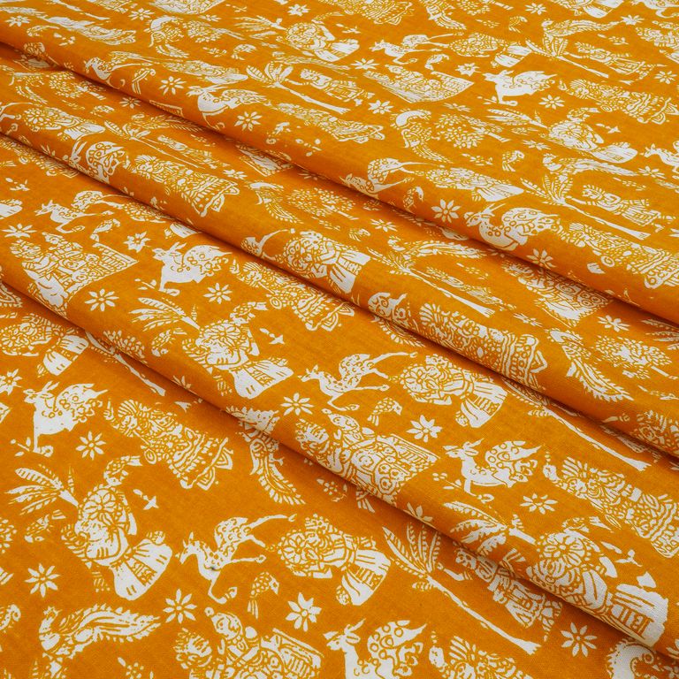 Mustard & White Traditional Printed Pure Cotton Fabric