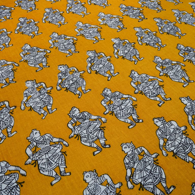 Mustard & White Traditional Printed Pure Cotton Fabric