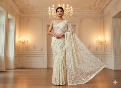White Viscose Georgette With Sequins Embroidered Fabric