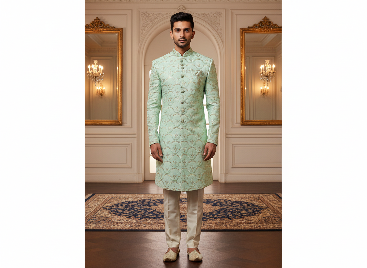 मिंट ग्रीन ब्लू मेटैलिक सेक्विन कढ़ाई मलाई साटन फैब्रिक