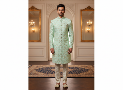 मिंट ग्रीन ब्लू मेटैलिक सेक्विन कढ़ाई मलाई साटन फैब्रिक