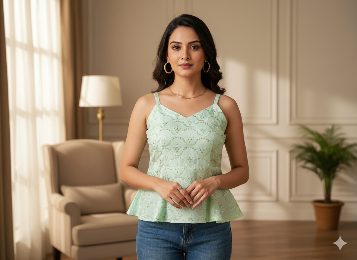 मिंट ग्रीन ब्लू मेटैलिक सेक्विन कढ़ाई मलाई साटन फैब्रिक