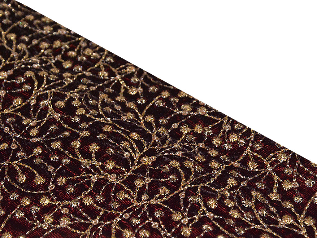 Precut Of 2.5 Meters Of Deep Maroon Traditional Intricate Sequins Motifs Embroidered Velvet Fabric