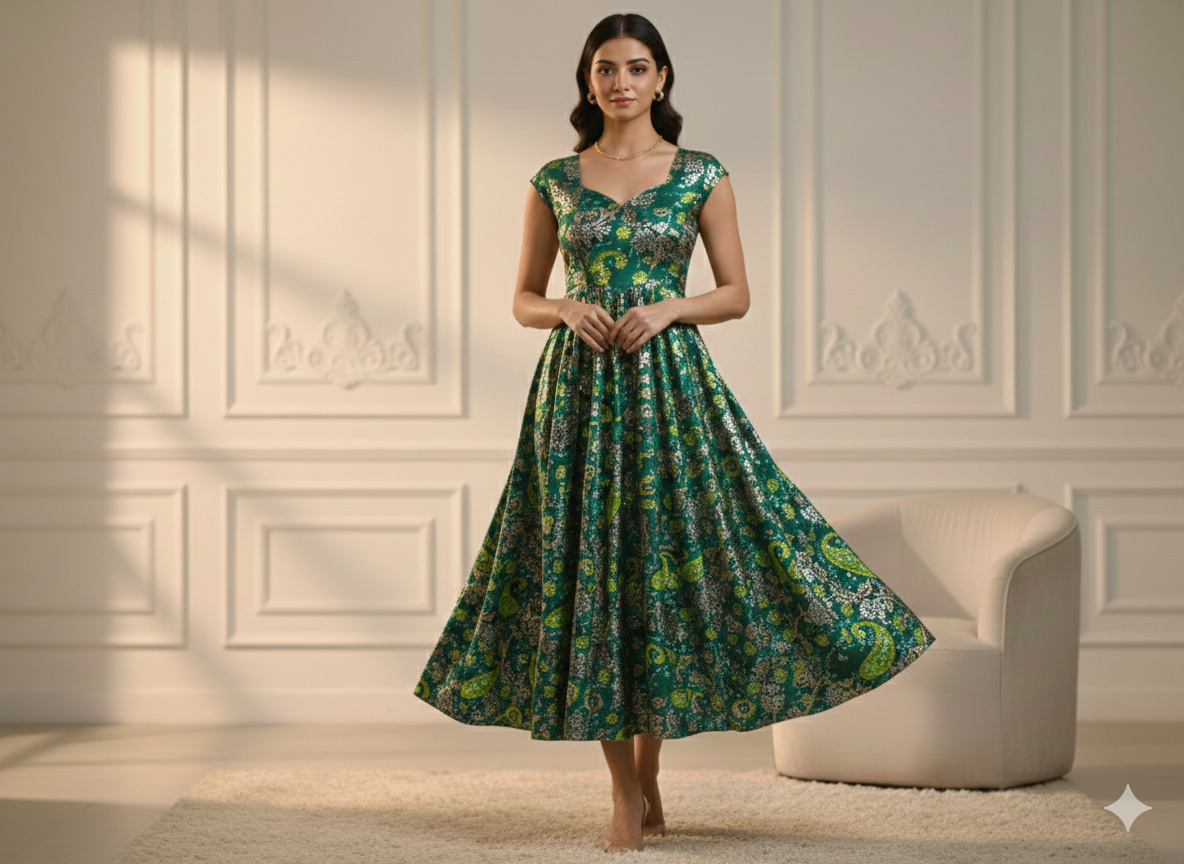 हरा ज्यामितीय मुद्रित जैक्वार्ड कपड़ा