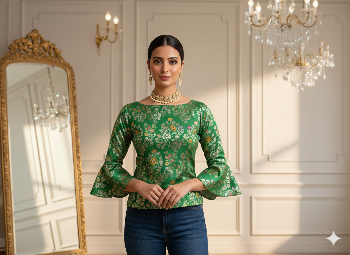 हरा ज्यामितीय मुद्रित जैक्वार्ड कपड़ा