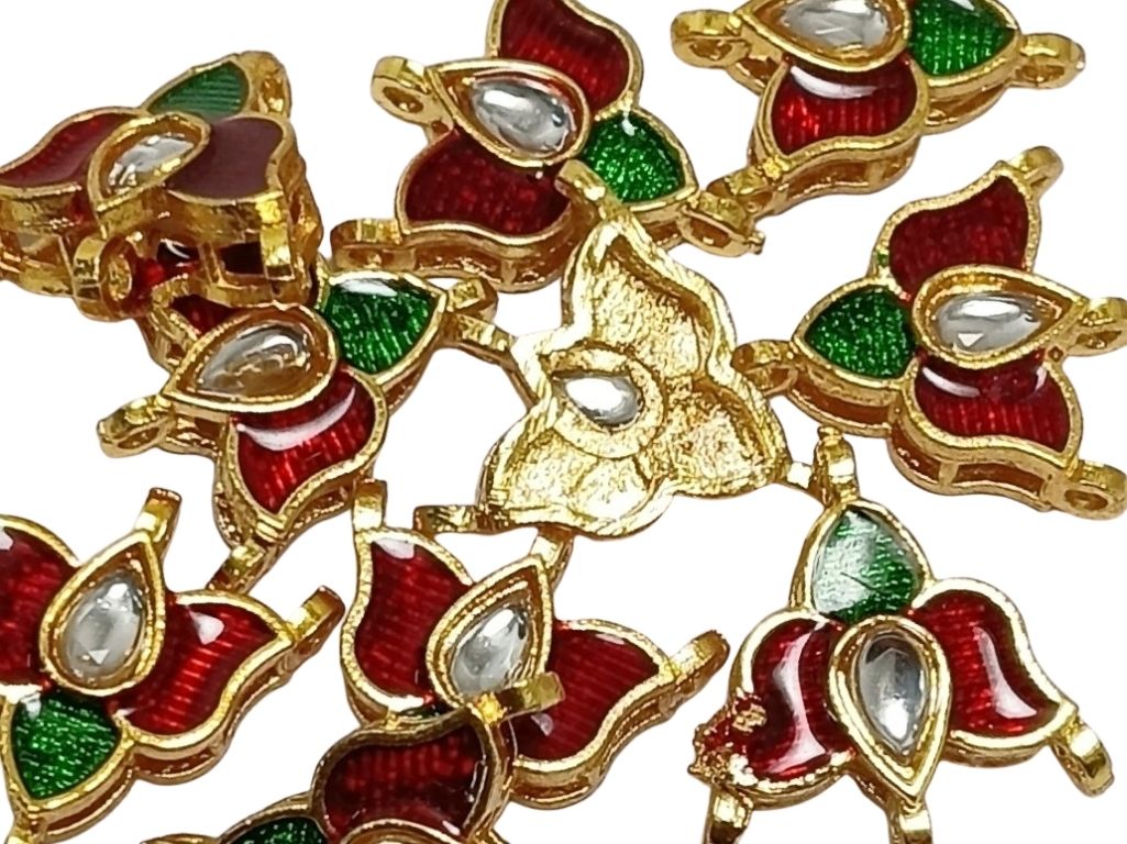Maroon & Green Flower Shaped Meena Kundan Stones