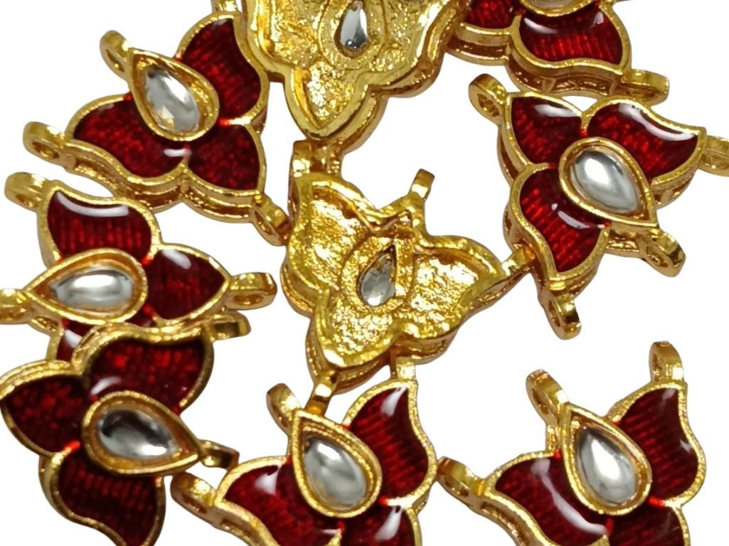 Maroon  Flower Shaped Meena Kundan Stones