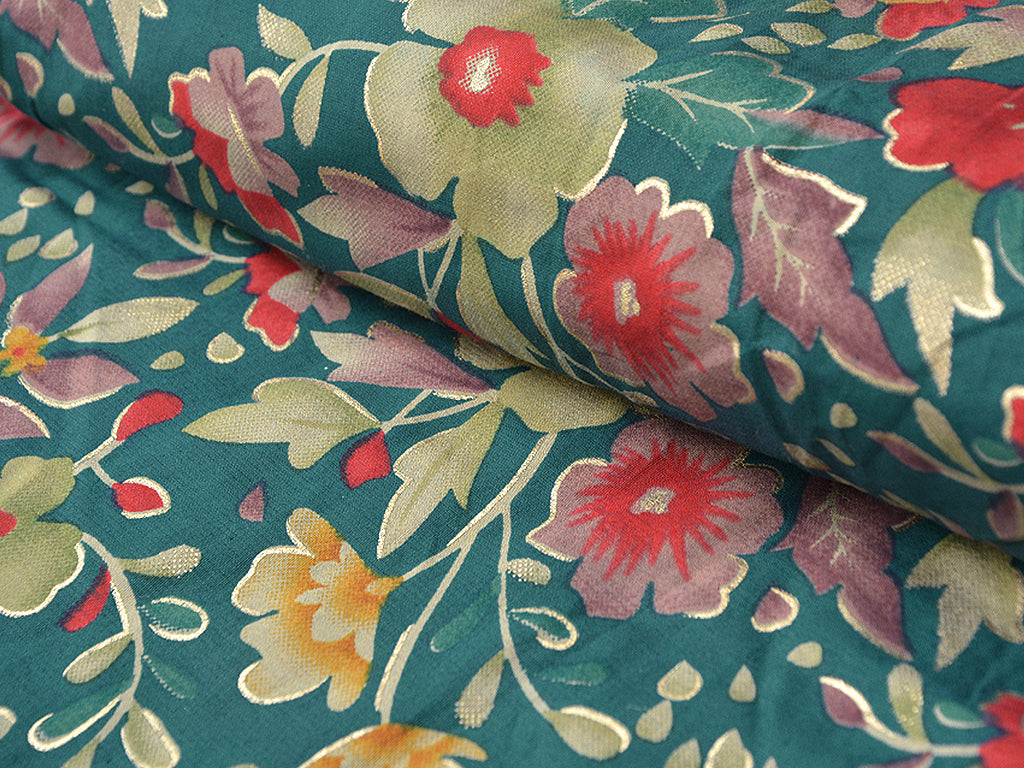 Precut of 2.5 Meter Teal Floral Premium Modal Chanderi Silk Fabric