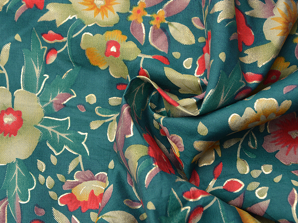 Precut of 2.5 Meter Teal Floral Premium Modal Chanderi Silk Fabric