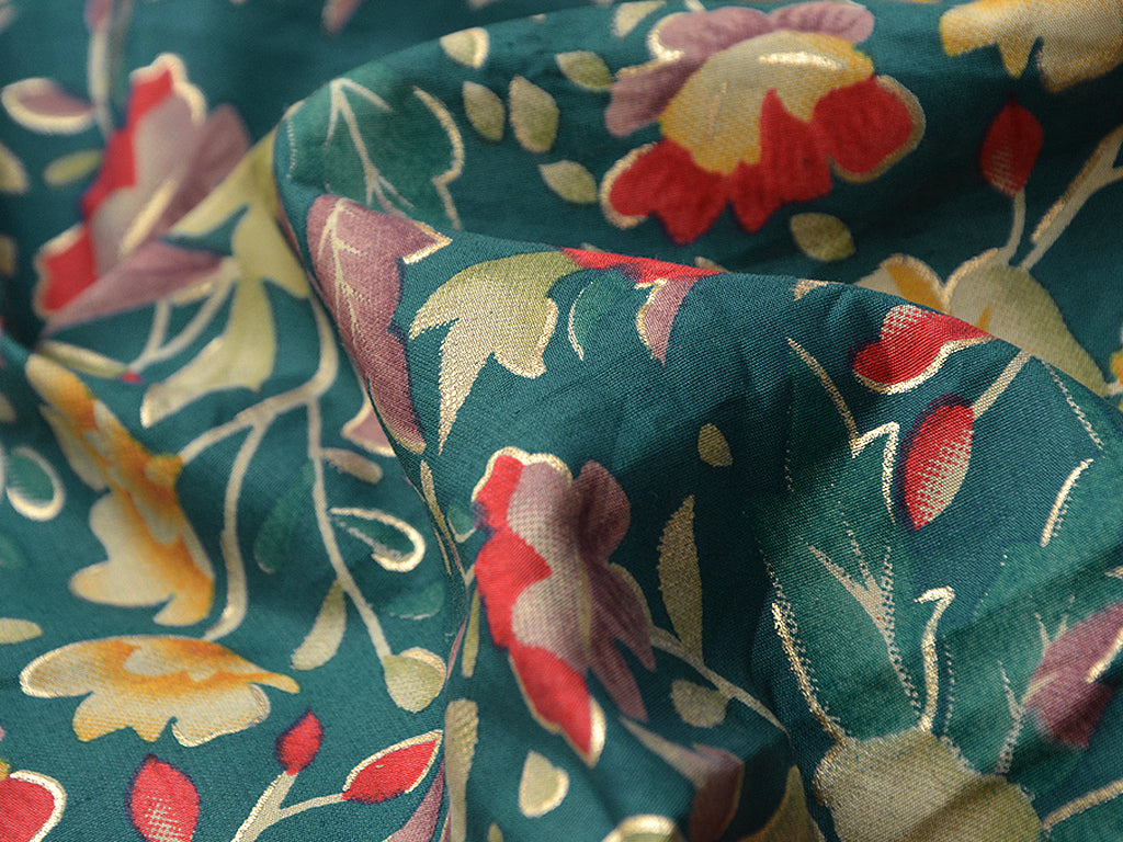 Precut of 2.5 Meter Teal Floral Premium Modal Chanderi Silk Fabric