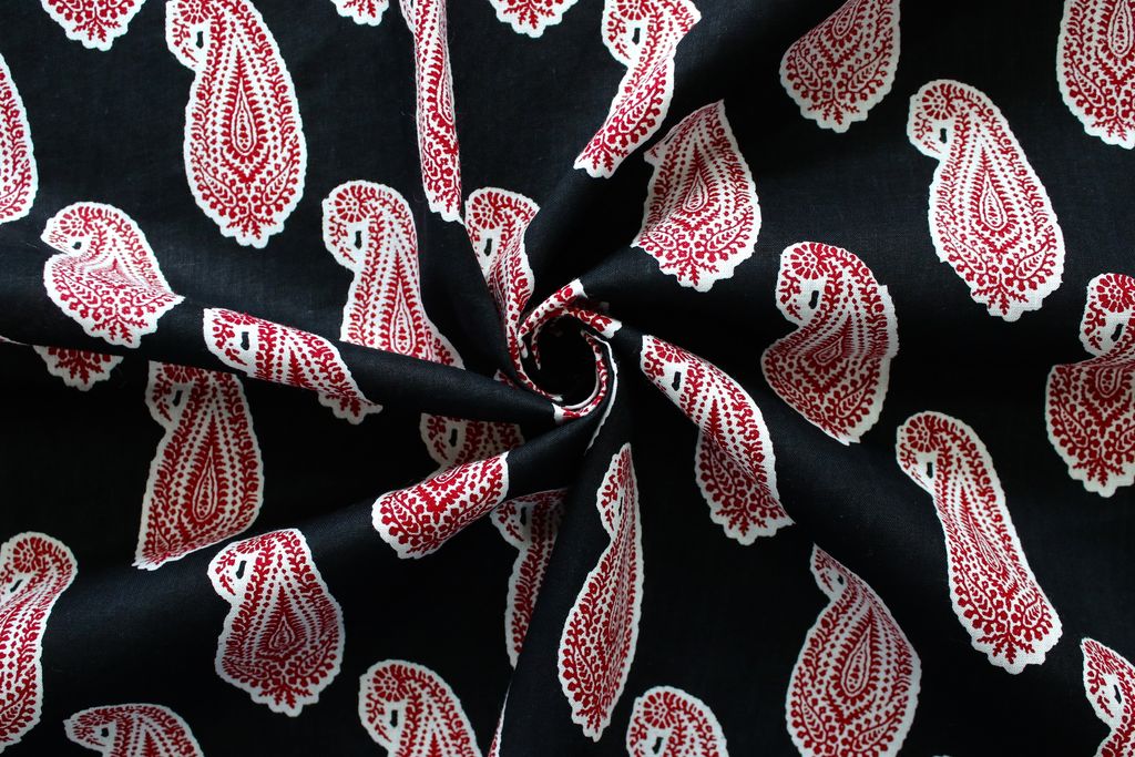 Black & Red Paisley Printed Pure Cotton Fabric