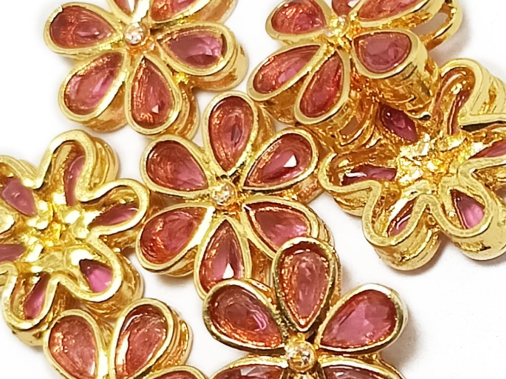 Rose Pink & Golden Flower Shaped Kundan Stones