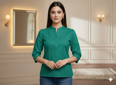 ट्रॉपिकल टील प्लेन ग्लेज्ड कॉटन फ़ैब्रिक (थोक)