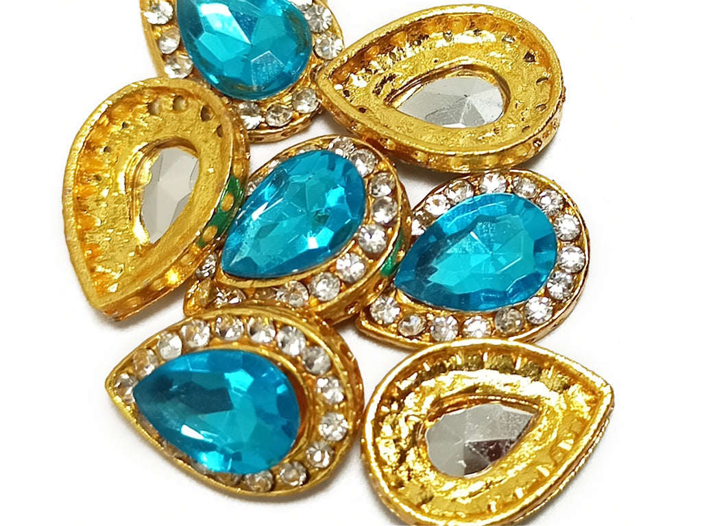 Aqua Blue & Golden Drop Kundan Stones