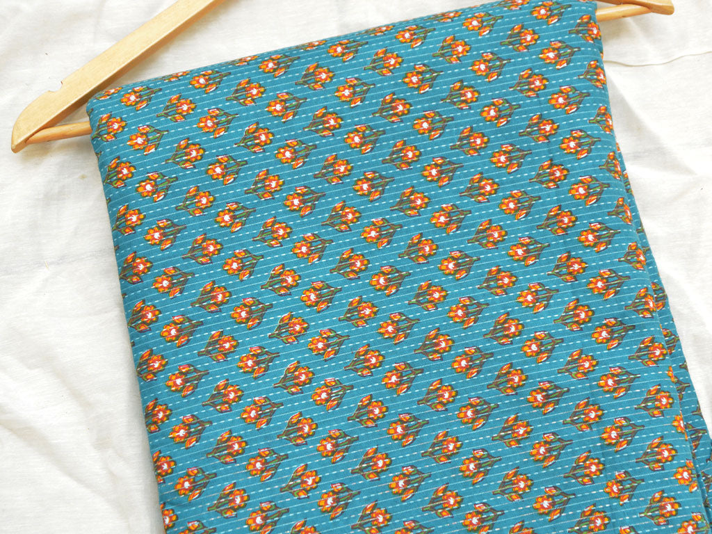 Sky Blue Floral Pure Cotton Kantha Fabric